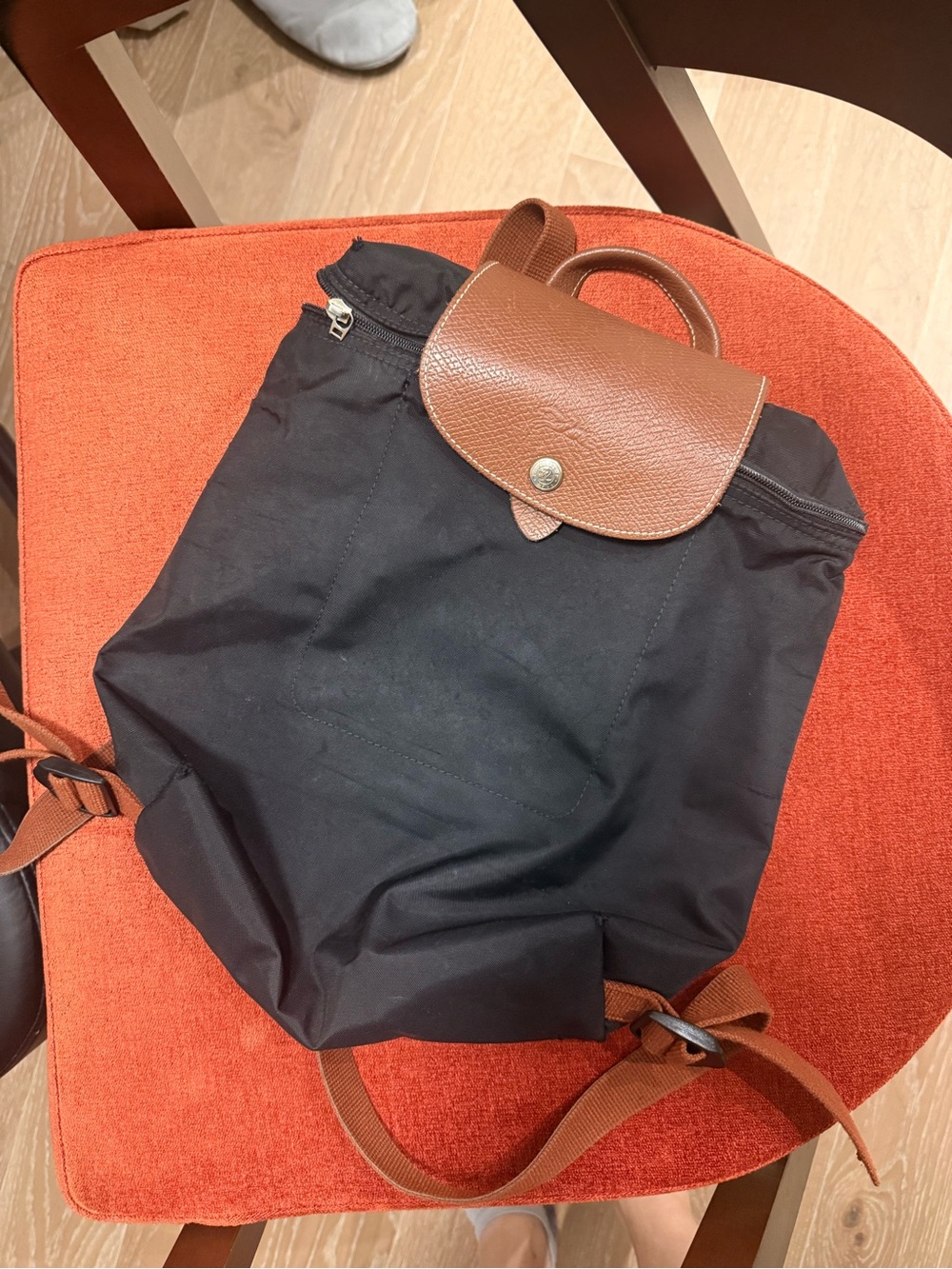 Longchamp Le Pliage Original Backpack in black - authentic leather trim/flap